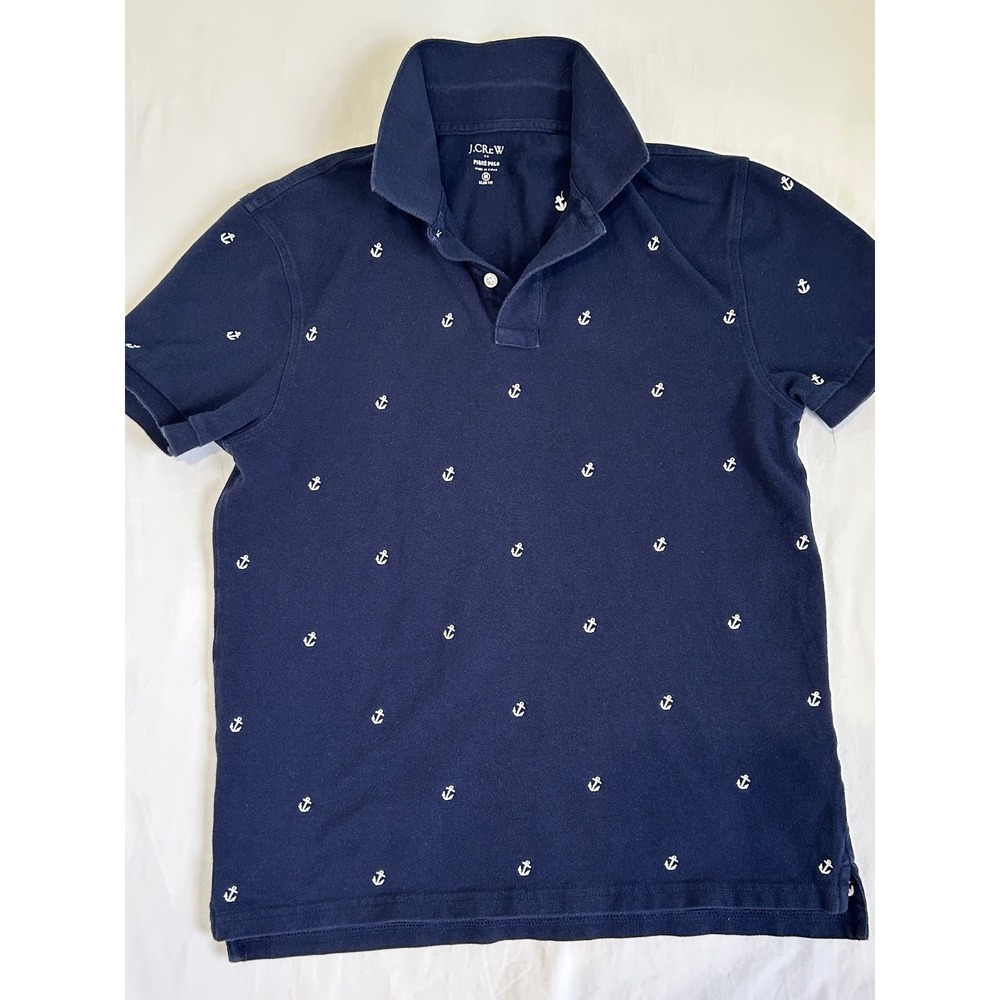 J.Crew Mens Slim Fit Pique Polo Shirt Navy Blue White Anchor Embroidered Medium